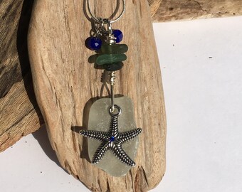 White and Green Lake Erie Beach Glass and Starfish Pendant, Genuine Beach Glass