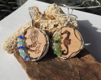 Woodburned Mermaid or Seahorse Sea Glass Necklaces, Authentic Sea Glass