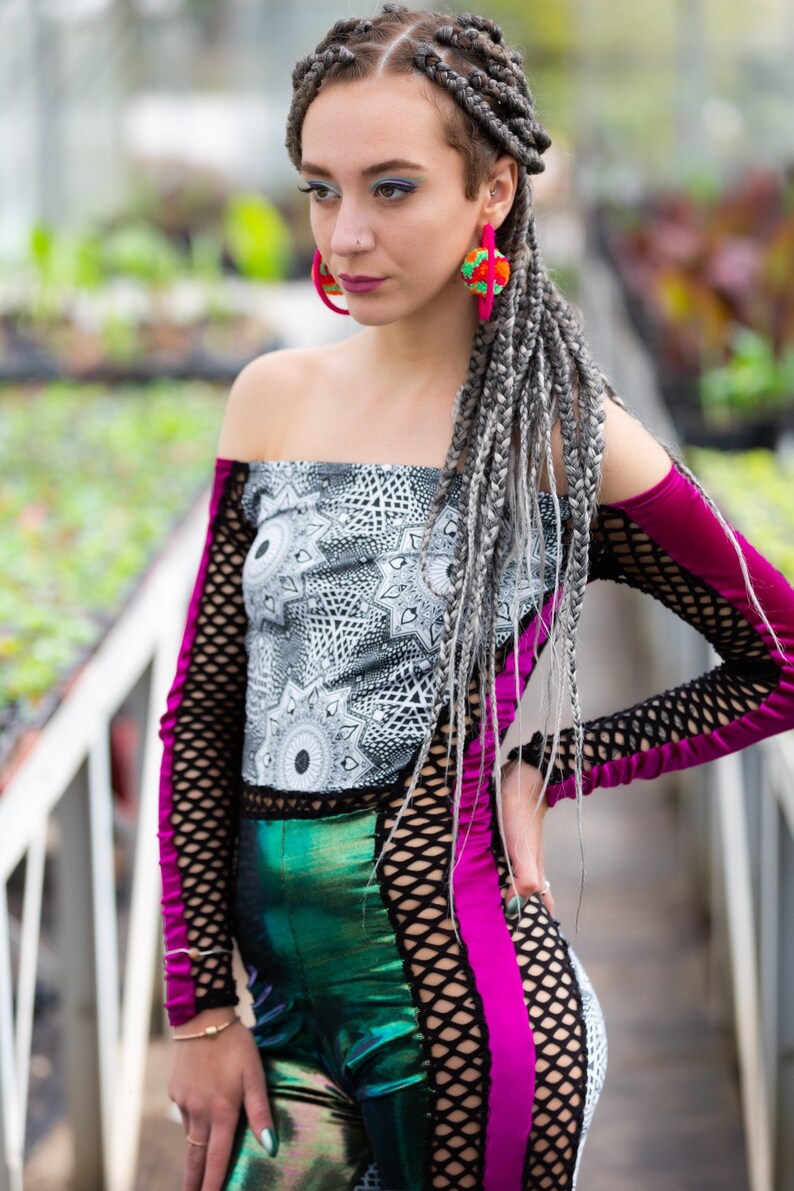 Mandala Trippy Fishnet Holographic Festival Catsuit