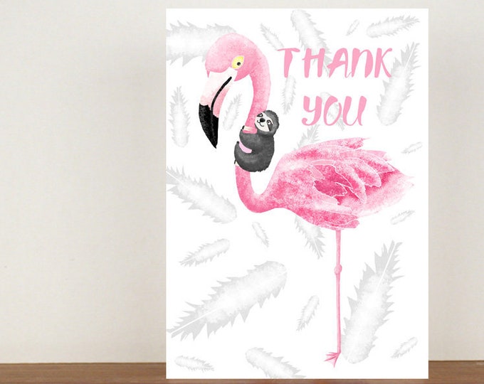 Flamingo and Sloth Thank You Card, Thank You Card, Animal Card, Sloth Card, Flamingo Card, A6 in size (approx 105 x 148mm) Includes Envelope