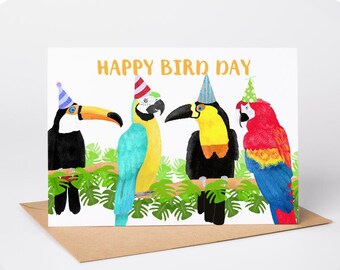 Birds Birthday Card, Parrots and Toucans Card