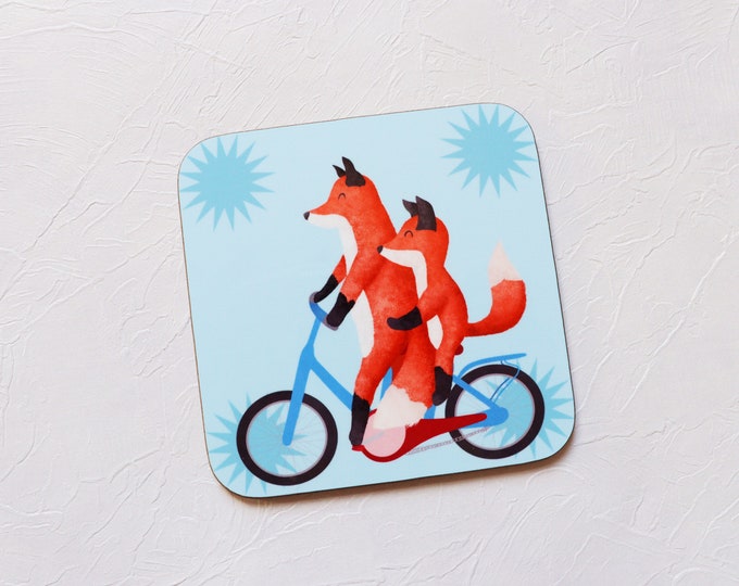 Cycling Foxes Coaster, Coaster, Drinks Coaster, Gifts for him, Gifts for her, Birthday Present, House Warming Present, Animal Coasters, Fox