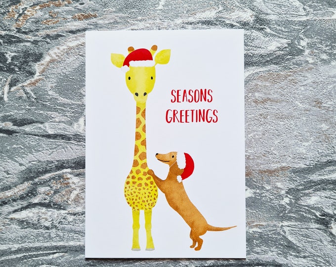 Giraffe and Dachshund Christmas Card, Seconds, Old Stock, Christmas Card, A6 in size (approx 105 x 148mm), Includes Envelope