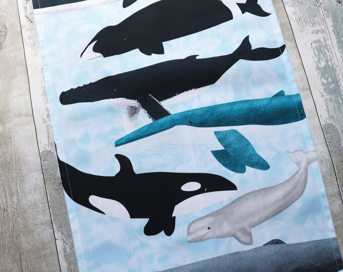 Whale Tea Towel, Animal Tea Towel, Tea Towel, Organic Cotton Tea Towel, Blue Whale, Fin Whale, Bowhead Whale, Humpback Whale, Beluga Whale