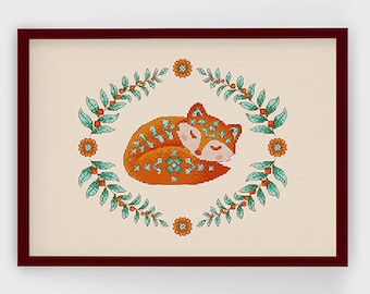 Folksy Fox in orange | PDF Cross Stitch Chart / Pattern