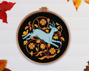 Autumn Blossoms Folk Deer | PDF Cross Stitch Chart - filigree - retro -