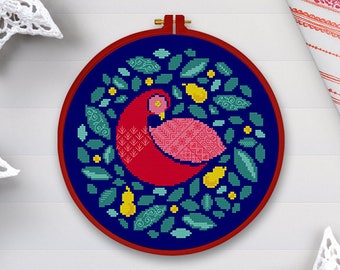 Partridge in a Pear Tree |  Digital PDF Cross Stitch Chart - folk - bird - minimal - design - modern - 12 days of Christmas