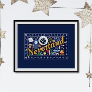 May include: A blue cross-stitch pattern featuring the word "Neverland" with various icons from the Peter Pan story, including a clock, a crocodile, a pirate ship, and a skull and crossbones.