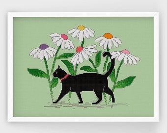 Black Cat Among Daisies | PDF Cross Stitch Pattern