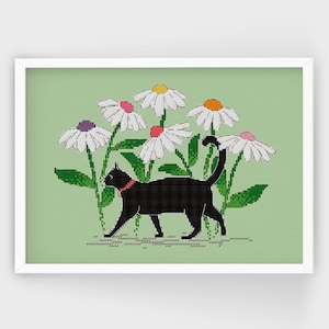 Black Cat Among Daisies | PDF Cross Stitch Pattern
