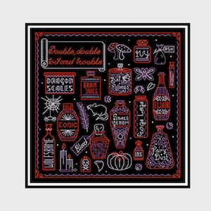 May include: A black and white illustration of various potion bottles and ingredients with the text "Double, double toil and trouble" on a black background.