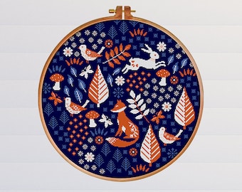 Scandi Forest Blues | PDF Cross Stitch Chart / Pattern | Fox - Rabbit - Flowers - Birds - woodland