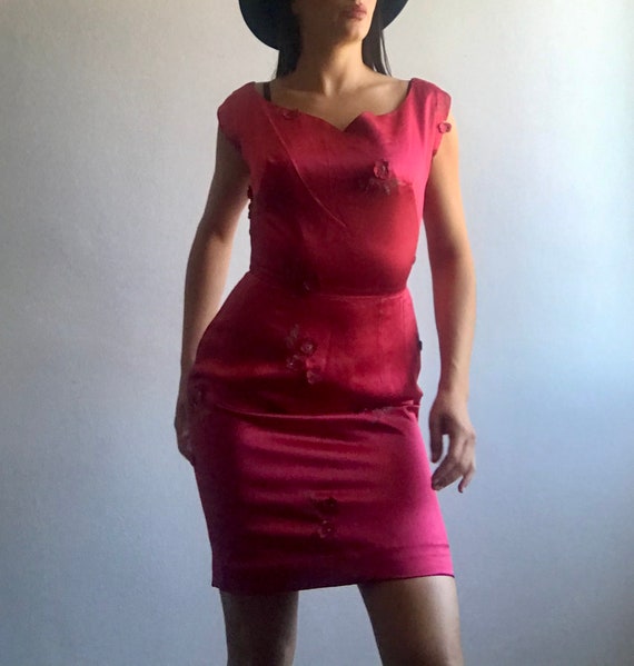 Magenta Red Vintage 50's Cocktail Dress Chinese E… - image 2