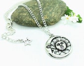 Sun and Moon Necklace ~ Tibetan Silver Sun & Moon Pendant on Silver Plated Chain ~ Celestial Charm Necklace ~ Pagan Moon Jewellery