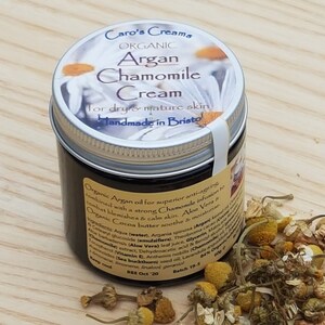 Argan Chamomile Face Cream for dry & mature skin, with Aloe Vera and Cocoa Butter, Plastic free, Organic, Vegan Large 60g amber pot