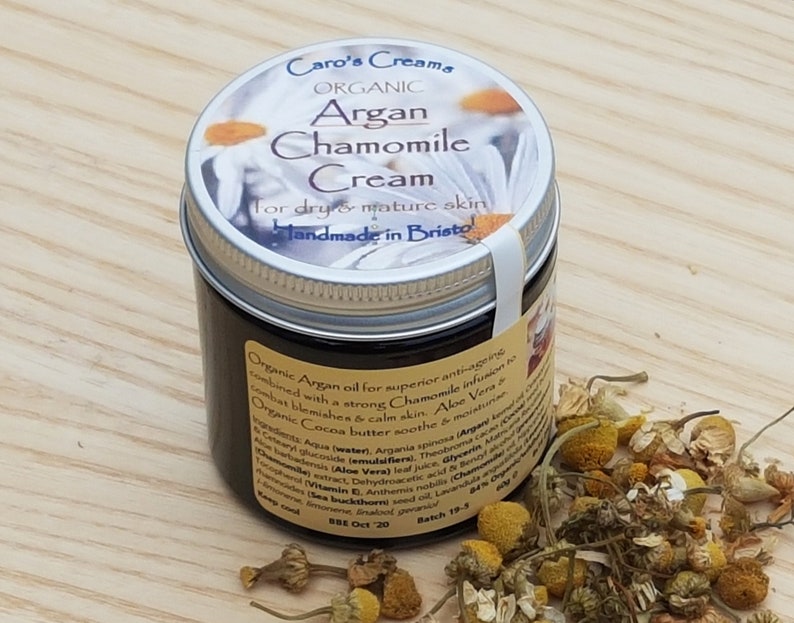 Argan Chamomile Face Cream for dry & mature skin, with Aloe Vera and Cocoa Butter, Plastic free, Organic, Vegan Large 60g amber pot