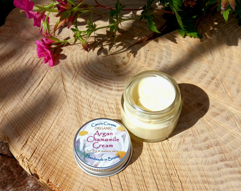 Argan Chamomile Face Cream for dry & mature skin, with Aloe Vera and Cocoa Butter, Plastic free, Organic, Vegan Small 20g clear pot