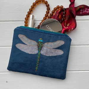 Velvet Dragonfly Pouch, Large purse size velvet purse with dragonfly motif, Backed with course linen, Useful pouch with entomology theme