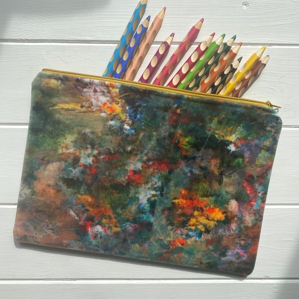 Monet Style Velvet pouch, Clutch bag made with Impressionist style velvet fabric, Large pencil case for artist's materials, travel pouch