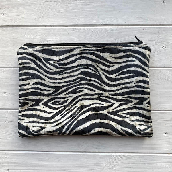 Zebra Print velvet Pouch, Large luxurious pencil case or craft project pouch, make-up bag for animal lover, clutch bag with animal print