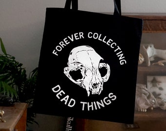 Cat Skull Organic Tote Bag Taxidermy Illustration Screenprinted Design, 'DEAD THINGS', by Vector That Fox