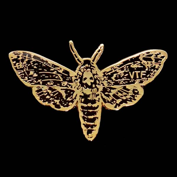 Moth Enamel Pin Badge 'DEATH'S HEAD HAWKMOTH' in Gold & Black, with gold locking clutch back, by Vector That Fox