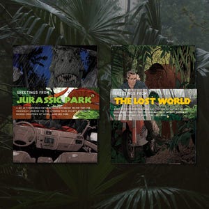 Ensemble de cartes postales d'illustration de Jurassic Park et le monde perdu | Cartes postales A6 pour les romans de la Folio Society, illustrées par Vector That Fox.