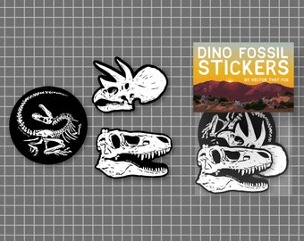 Lot de 3 autocollants en vinyle dinosaure - T-rex | Tricératops | Dino Skeleton Death Pose - 'VECTOR THIS FOSSIL', par Vector That Fox