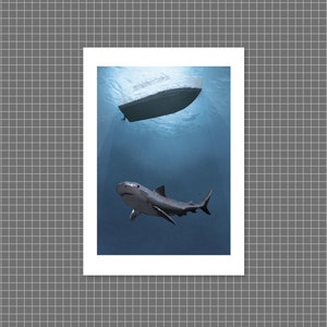 25 Footer A4 high-quality shark under a boat illustration art print on 300gsm white stock, by Vector That Fox image 1