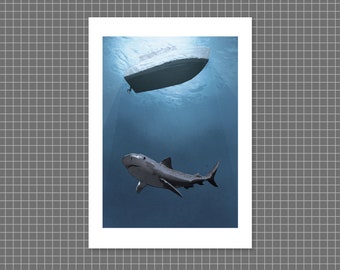 25 Footer | A4 high-quality shark under a boat illustration art print on 300gsm white stock, by Vector That Fox