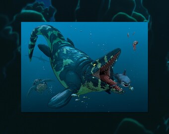 BIGGER FISH - Mosasaurus chasing a shark chasing a fish illustration art print, by Vector That Fox