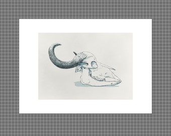 Illustration de crâne de buffle | Impression d’art a3 de haute qualité sur le stock blanc 300gsm, par Vector that Fox