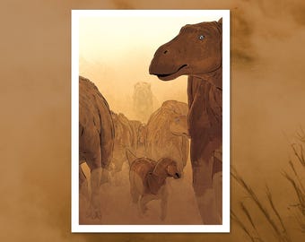 Dinosaurs print | Tyrannosaurus Rex chasing herd of Maiasaura | A3 high-quality 300gsm recycled white card stock, by Vector That Fox