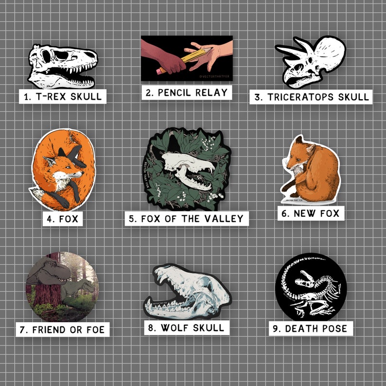 Vinyl Stickers Dinosaurs Foxes Skulls Fossils Tigers Space: individual, illustrated vinyl die-cut stickers, by Vector That Fox image 2