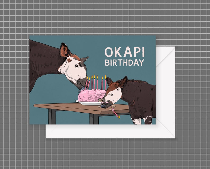 OKAPI BIRTHDAY, A5 tent-fold birthday card on 350gsm uncoated recycled card stock comes with recycled paper envelope, by Vector That Fox image 1