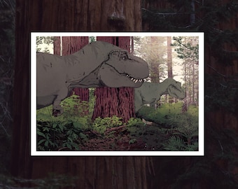 Dinosaurs | Tyrannosaurus Rex meeting in a forest 'FRIEND OR FOE' | A3 high-quality art print on 300gsm white card stock, by Vector That Fox