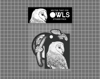 OWLS | Illustrated stickers | black and white owl and moon drawings | Vinyl Sticker Set 4-pack, by Vector That Fox