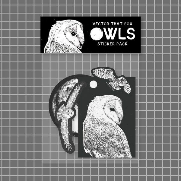 OWLS | Illustrated stickers | black and white owl and moon drawings | Vinyl Sticker Set 4-pack, by Vector That Fox