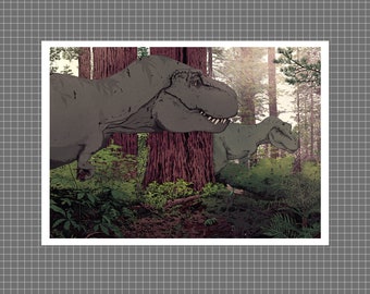 Dinosaurs | Tyrannosaurus Rex meeting in a forest 'FRIEND OR FOE' | A3 high-quality art print on 300gsm white card stock, by Vector That Fox