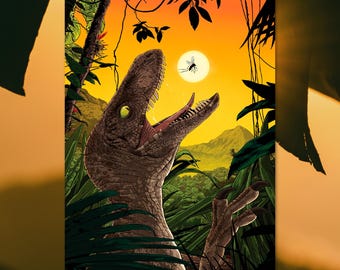 CHOMP / SUNSET VARIANT - Velociraptor illustration art print, by  Vector That Fox
