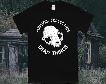 Cat Skull Taxidermy Illustration Screenprinted heavy black T-shirt, 'Forever Collecting Dead Things', by Vector That Fox
