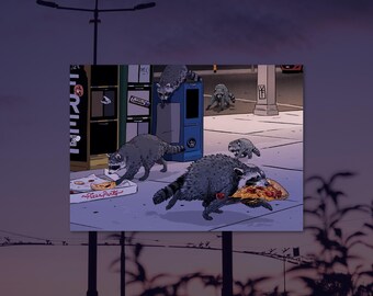 TORONTO STREET FOOD - raccoons eating pizza illustration art print, by Vector That Fox