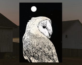 Barn Owl illustration watercolour wash | A3 high-quality borderless art print on 300gsm card stock, by Vector That Fox