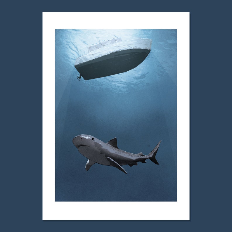 25 Footer A4 high-quality shark under a boat illustration art print on 300gsm white stock, by Vector That Fox image 2