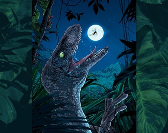 CHOMP / NOCTURNAL VARIANT -  Velociraptor illustration art print, by  Vector That Fox