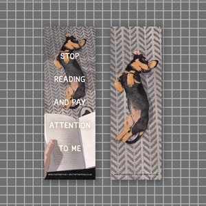 Illustriertes Hunde Lesezeichen 'Stop Reading and Pay Eye To Me' Doppelseitig | 400gsm mattes laminiertes Karten-Lesezeichen aus Karton, von Crystal Fox