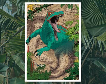 BARYONYX - dinosaur bursting to life from a fossil illustration art print, by Vector That Fox