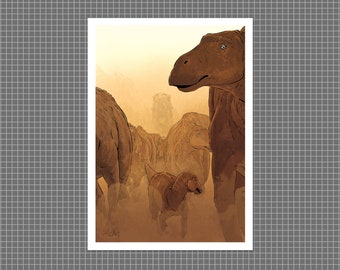 Dinosaurs print | Tyrannosaurus Rex chasing herd of Maiasaura | A3 high-quality 300gsm recycled white card stock, by Vector That Fox