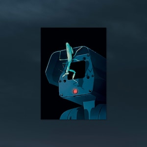 May include: A digital illustration featuring a light blue praying mantis perched on top of a dark blue security camera. The camera housing is rectangular with a prominent red light indicator on the front, set against a solid black background.