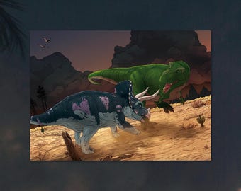 BIG FIGHT - Tyrannosaurus Rex vs Triceratops illustration art print, by Vector That Fox